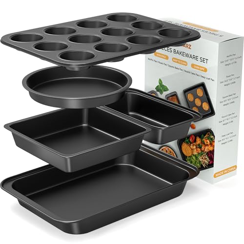 5 Pieces Baking Pans Set, Nonstick Baking Sheet Tray Oven Pans Bakeware Set, Baking Supplies with Round/Square Cake Pan, Muffin Pan, Loaf Pan, Roast Pan, Stackable Baking Sets for Cooking