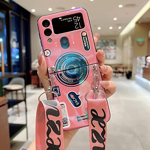 Coque Samsung Galaxy Z Flip 3 rigide rose style caméra avec cordon bandoulière amovible