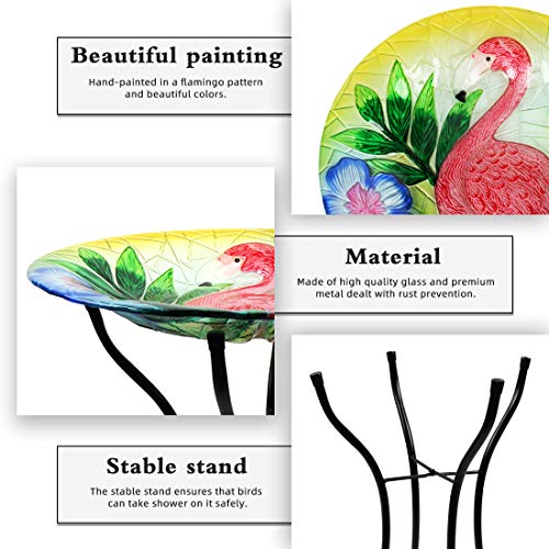 HONGLAND Outdoor Glass Birdbath Flamingo Bird Feeder Bowl with Metal Stand for Garden,Lawn,Backyard,Porch - Thumbnail 5
