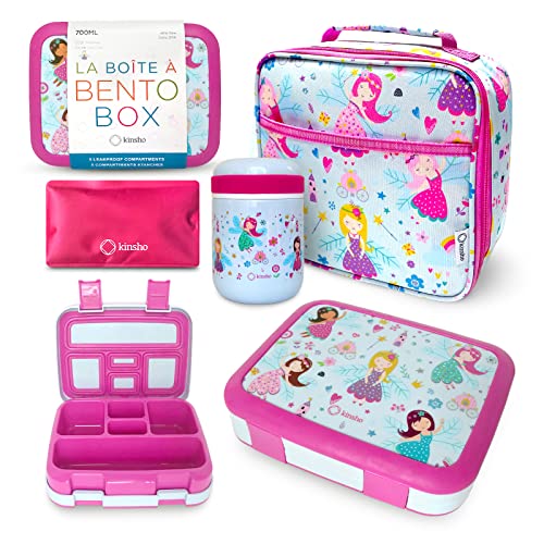 Image of Bento Lunch Box with Stainless Steel Thermo, Matching Insulated Lunch Bag and Ice Pack Set for Girls, Kids, 5 Divided Compartments, Snack Container for Toddler Daycare, Pink Fairy Princess