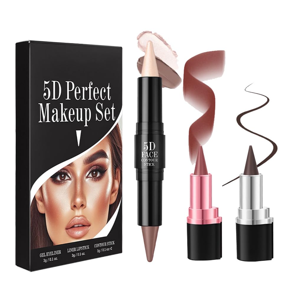 3Pcs Multi-Purpose Makeup Kit: Waterproof Lip Liner Lipstick + ??Dual-Ended Contour Stick (Contour/Highlight/Shimmery Under-Eye)?? + Black Eyeliner - Travel-Friendly, Set 03