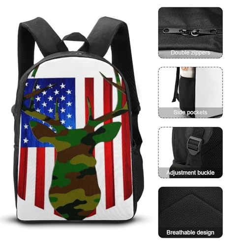 Unisex Fashion 3 Pcs Set, Large Capacity Hunting Deer Camo Camouflage Wooden American Flag Backpack, Pencil Pouch Easy to Clean, Lunch Bag for Work3