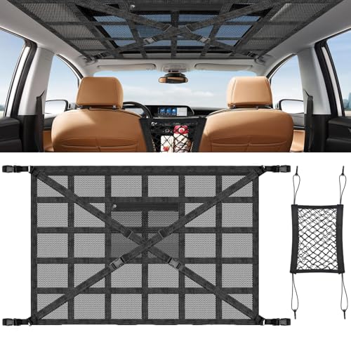 Goeveo Gepäcknetz Auto 90x65cm Dachnetz Auto Innen und Kostenlosem Sitznetz X-förmiger Verstärkung Gepäcknetz für Wohnmobile SUV Van Jeeps Camping Zubehör Dachbox Aufbewahrungsnetz Netztasche