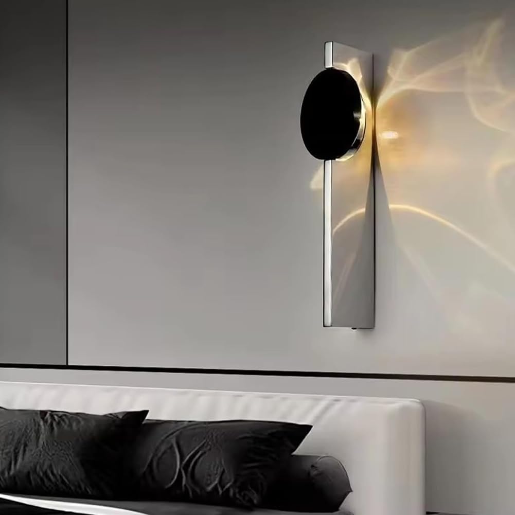 LED Wave Wandleuchte 180° Drehbar Schwarz Rund Wandlampe Innen Wasserwellen Deko Wohnzimmerlampe Modern Chrome Sockel Wandbeleuchtung 3000K Warmes Licht für Schlafzimmer Flur
