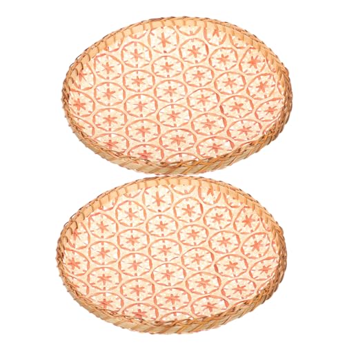 SOLUSTRE Bamboo Basket Tray Round 2pcs Rustic Decor for Dessert Serving or Wall Display