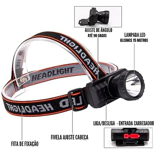 Lanterna de Cabeça em Led Super Forte Recarregável Usb Com Fita Ajustável Profissional À Prova D'Ág