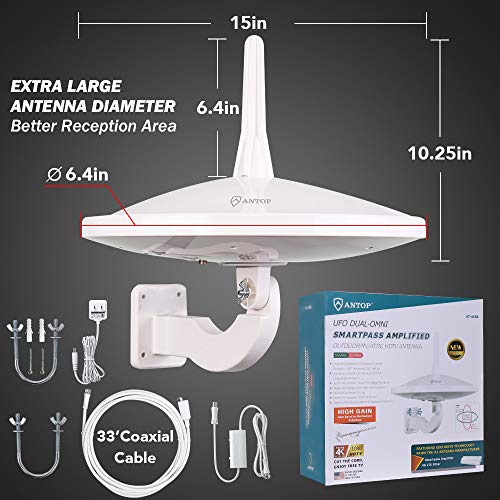 ANTOP UFO 720°Dual-Omni-Directional Outdoor HDTV Antenna Exclusive Smartpass Amplifier &4G LTE Filter,Enhanced VHF/UHF Reception,Fit Outdoor/RV/Attic Use(33ft Coaxial Cable,4K UHD Ready)