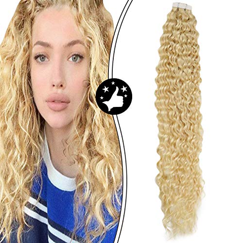 [CLEARANCE] Moresoo 12 Inch Tape in Hair Extensions Natural Wavy Tape in Platinum Blonde Kinky Curly Extensions #60 Platinum Blonde Tape on Extension Seamless Natural Wavy 30 Grams 20 Pieces
