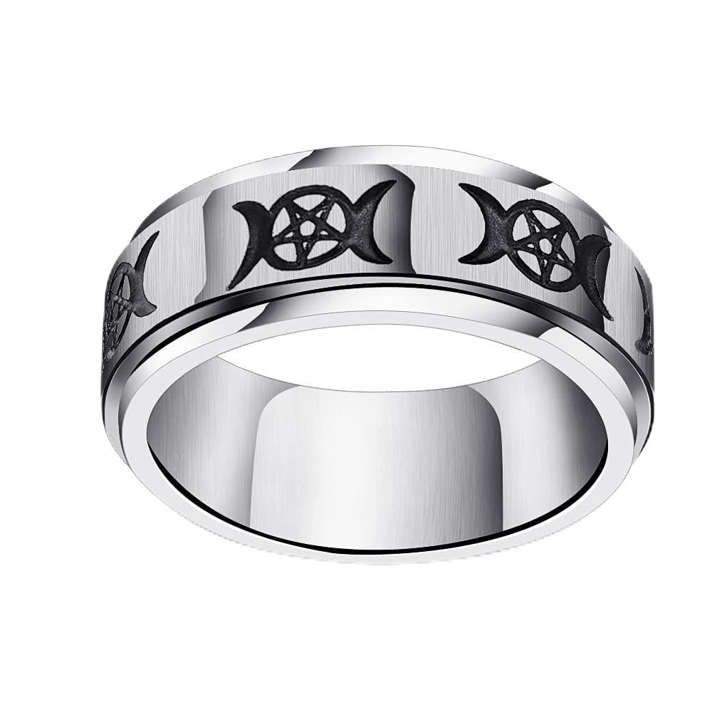 Goddess Pentagram Stainless Steel Wicca Pagan Triple Moon Spinner Band Ring Celtic Knot Rotatable Anxiety for Men Women Girls Wedding Engagement Promise Jewelry-image-26