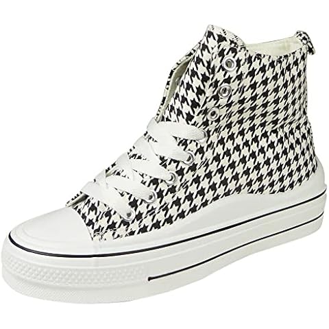 LoudLook Ladies Canvas Trainers High Top Platform Lace Up Running & Jogging Comfy Casual Summer Shoes Sizes Wh-Bk 7 White Black Cover