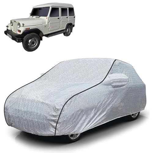 Image of Sulfar 100% Waterproof Car Body Cover Compatible with Mirror for Mahindra Marshal (Triple Stitched, Full Bottom Elastic, Magic Silver with Black Piping)
