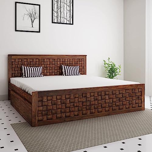 Image of SHRI MINTU'S ART Sheesham Wood Queen Size Bed with Storage | Wooden Double Bed Cot Bed with 2 Drawer Storage for Bedroom | Palang Diamond Design for Hotels | L 208.2 X W 160 X H 106.68, Warm Chestnut