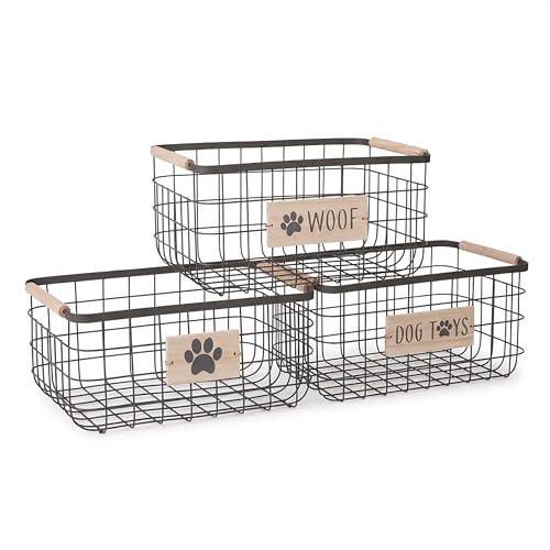 RGI Home Dog Toy Storage Baskets – Set of 3 Rectangular Metal Organizer Bins for Pet and Household Storage, Multi-Sized with Wood Accents, Durable and Rustic, Antique Gray Metal