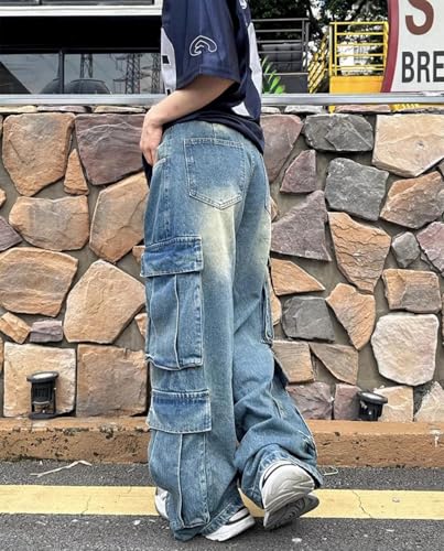Men's Baggy Cargo Jeans Straight Wide Leg Loose Cargo Denim Pants Flap Pockets Hip Hop Pants for Teen Boys3