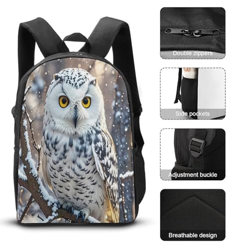 Printed Backpack With Lunch Pack Storage Box Case Winter White Owl 3pcs Lightweight Travel Backpack3