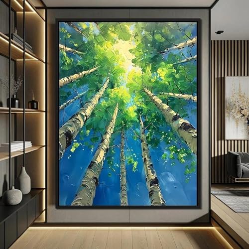 Tableau abstrait forêt verte avec texture bouleau et graffiti