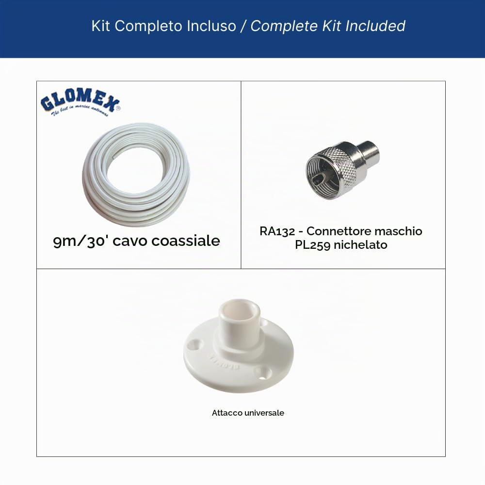Glomex – Kit Antenna VHF Compatta a Cupola (Ø10cm H21cm), Modello RA121 – Design Coordinato TV Avior/Vega, Include Cavo 9m e Base, Per barche a vela e motore – Estetica e Funzionalità