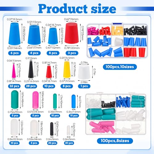 Image of Briwooody 200 Pcs Rubber Plugs 9-Sizes Silicone Tapered Plug Kit 1 /15 inch to 1 inch Stoppers for Coating, Hole, Painting Protection Silicone Stopper