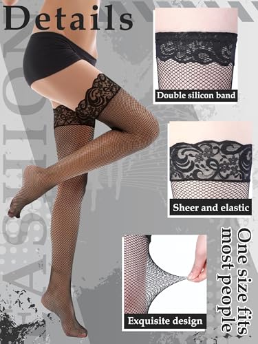 Image of Bencailor 4 /6 /12 Pairs Fishnet Thigh High Stocking for Women Silicone Lace Top Sheer Over Knee Stockings