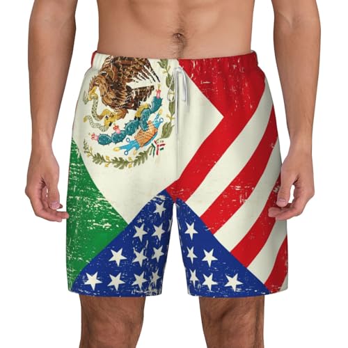 Mexican American Flag Print Men's Double Shorts Casual Lightweight Elastic Waist Drawstring Summer Beach Shorts