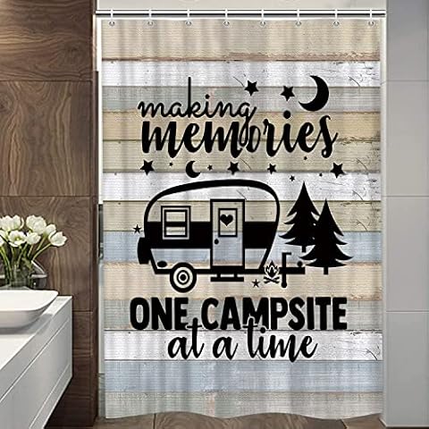Camper RV Shower Curtain for Travel Trailer Bathroom, Farmhouse Camping Small Narrow Shorter Fabric Shower Curtains Set, Happy Camp Outdoor Motorhome Decor Accessories with Hooks 36 X 72 Inch Cover