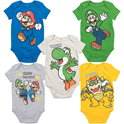 Image of SUPER MARIO Nintendo Luigi Mario Yoshi Newborn Baby Boys 5 Pack Cuddly Short Sleeve Bodysuits Multi 3-6 Months