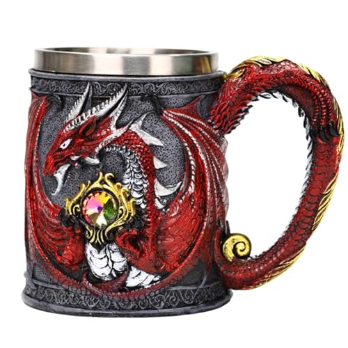 Lxoraziy Nordischer Drachen Bierkrug aus Edelstahl, 450ml Mittelalterlicher Fantasy Bierbecher mit 3D-Relief Harzdesign, Retro Wikinger Geschenk für Männer, Fantasy Fans & Sammler