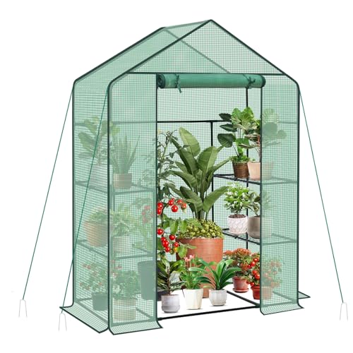 Sekey Walk In Greenhouse with Shelves - Stable Frame & Easy Assembly Outdoor Green house with Waterproof PE Cover Plastic Greenhouse All-Weather Protection White (Green(M))