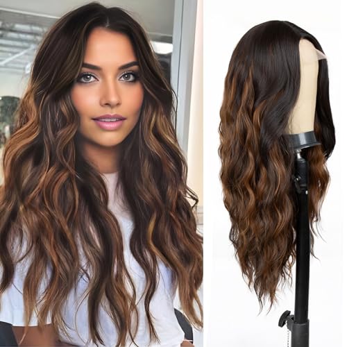 26 inch Lace Hairline Brown Mixed Highlight Wigs for Women, Middle Part Long Curly Wig Heat Resistant Synthetic Hair Looking Natural, Fiber Wig for Daily Party Use