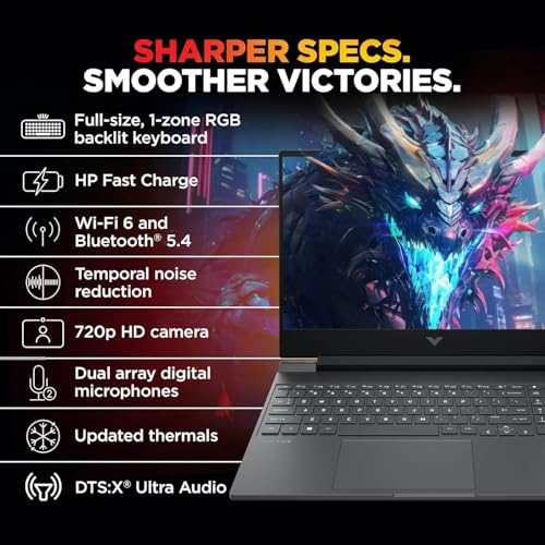 Image of HP Victus, Intel Core 7 240H, 8GB RTX 5050, 24GB DDR5(Upgradeable) 1TB SSD, FHD, 144Hz, 300 nits, IPS, 15.6'' /39.6cm, Win11, M365* Office24, Mica Silver, 2.29kg, fa2409TX, RGB Backlit, Gaming Laptop
