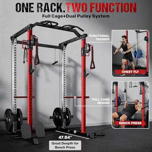 DP01 Power Cage, 2000LBS Squat Rack with with Cable Crossover and Dual Independent Pulley System, Full Cage for Full Body Training, Power Rack with More Training Attachments for Home Gym - Image 4