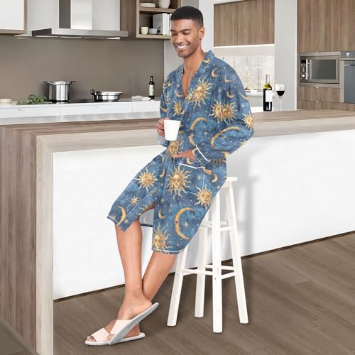 Retro Style Sun and Moon Men's Nightshirt,Soft Kimono Bathrobe Men Long Sleeve Mens Sleepwear4