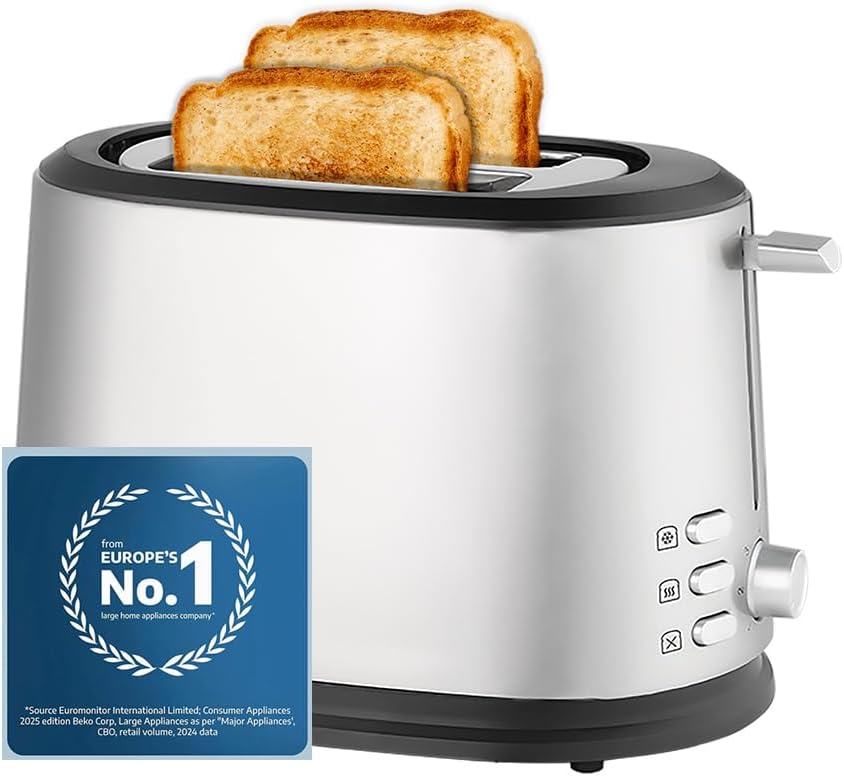 Beko Electric Toaster - 850W, 2 Wide Slots, 7 Browning Adjustment, Detachable Crumb Tray, Stainless Steel Body, Multiple Modes Defrost, Reheat, Cancel - TAM6201i