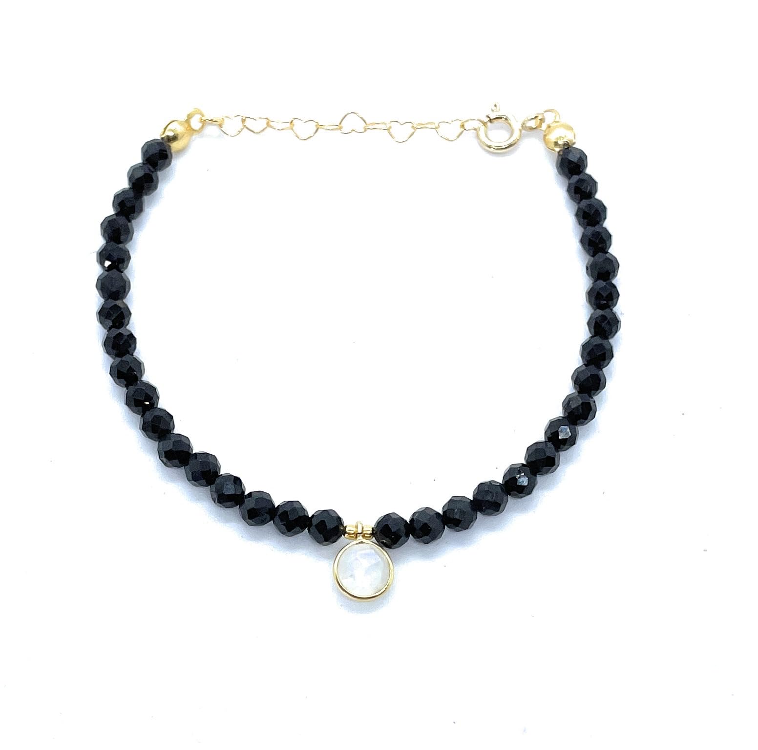 Pulsera de Espinela Negra con Colgante de Piedra Lunar, Plata 925 Chapada en Oro 24K, 16-19 cm