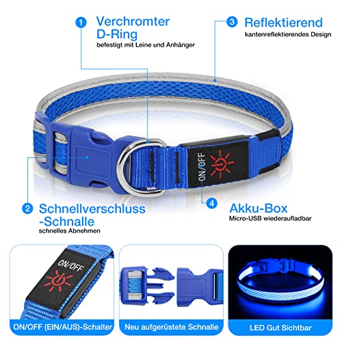 Leuchthalsband Hund(Halbleuchtend blau M), Colaseeme LED Hunde Leuchthalsband, Wasserdicht Hundehalsband Leuchtend, HundeleuchthalsbäNder Aufladbar für Pet Night Walking Safety, blau M
