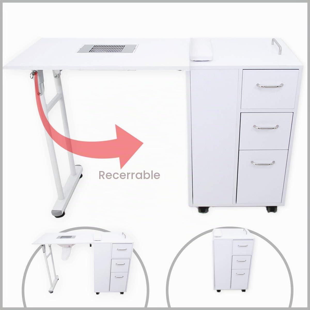 ZStyle Mesa para uñas manicura 3 cajones plegable ahorra espacio con aspirador eléctrico Nail Set reconstrucción mesa profesional