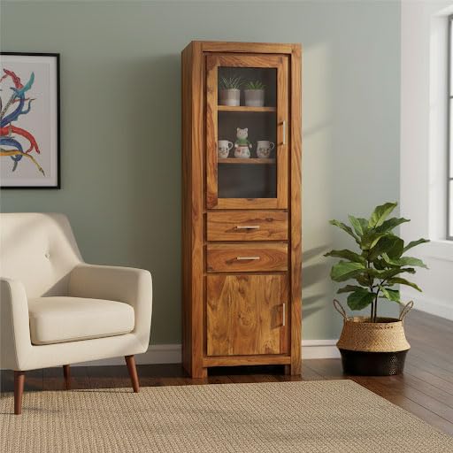APRODZ Sheesham Wood High Wooden Cabinet, Cupboard, Sideboard, Showcase or Library Bookcase-image-41