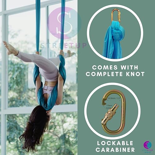 Image of Streetup India Silk Fabric Pro Aerial Swing /Yoga Hammock 6 x 2.6 Mtrs Long Fabric With 2 Carabiner| Sky Blue