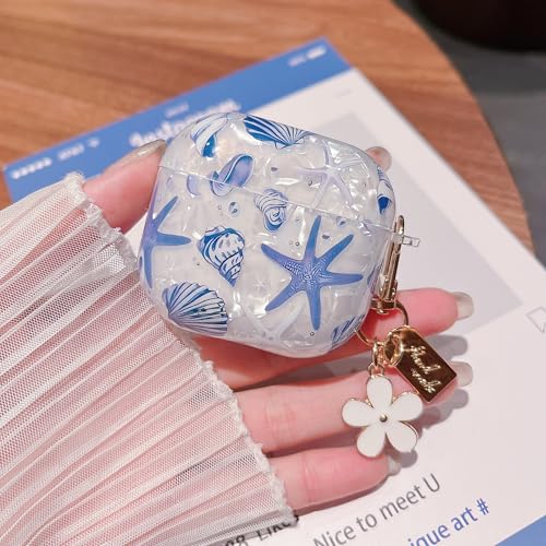 Image of MINSCOSE for AirPods 4 Clear Case,Cute Glitter Seashell and Starfish Pattern Design with Folral Keychain,Soft TPU Protective Cover for Girls Women for AirPods 4-Blue