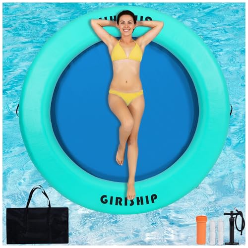 GIRISHIP 6/8/10FT Inflatable Water Hammock Round Floating Ring Inflatable Floating Dock for Lakes and Pools Pool Hammock Lake Floats for Adults 6FT Green Blue