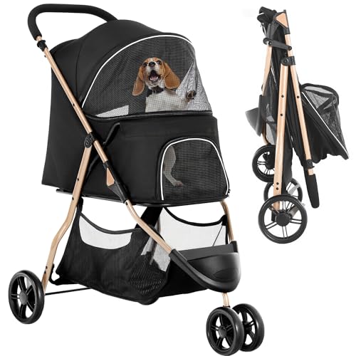 YITAHOME 15 kg Foldable Dog and Cat Stroller Three Wheels Mesh Window Brakes Iron Tubular Frame Robust Suitable for Pets Under Medium Size Black