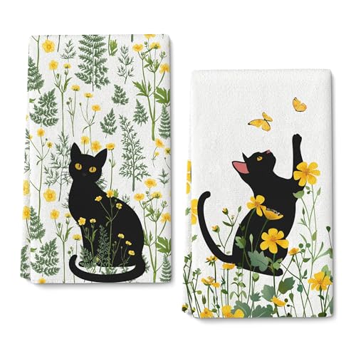 Oblivix Black Cat Kitchen Towels Spring Plants Wildflower Herb Dish Towel Botanic Tea & Hand Towel Cat Lovers & Plant Lovers Gifts for Women