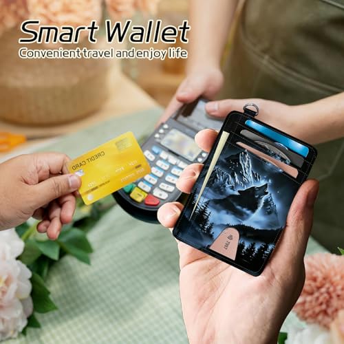 Image of Small Travel Wallets, Abstract Lone Wolf Slim Minimalist Front Pocket Wallet with Wristlet, RFID Blocking PU Leather Credit Card Holder with ID Window Change Purse for Men Women