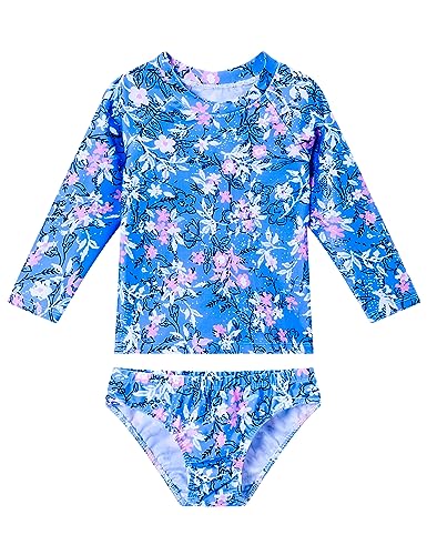 Image of Snowheart Girls Rash Guard Sets Long Sleeves Swimsuit 2 Pieces Tankini Bathing Suit Swimwear for Girls 3-12 Years Blue Flower