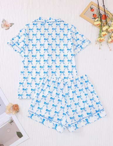 Women's 2 Piece Bow Pajamas Set Pink Pjs Cute Pj Set Summer Coquette Short Sleeve Button Down Lounge Sets Sleepwear2