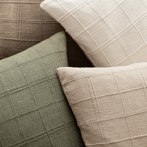 Image of Foindtower Boho Linen Check Decorative Throw Pillow Covers 24x24 Sage Green | Set of 2 Neutral Farmhouse Textured Cushion Cover,Modern Plaid Home Decor,Soft Cover for Sofa Chair Couch Bedroom Living Room
