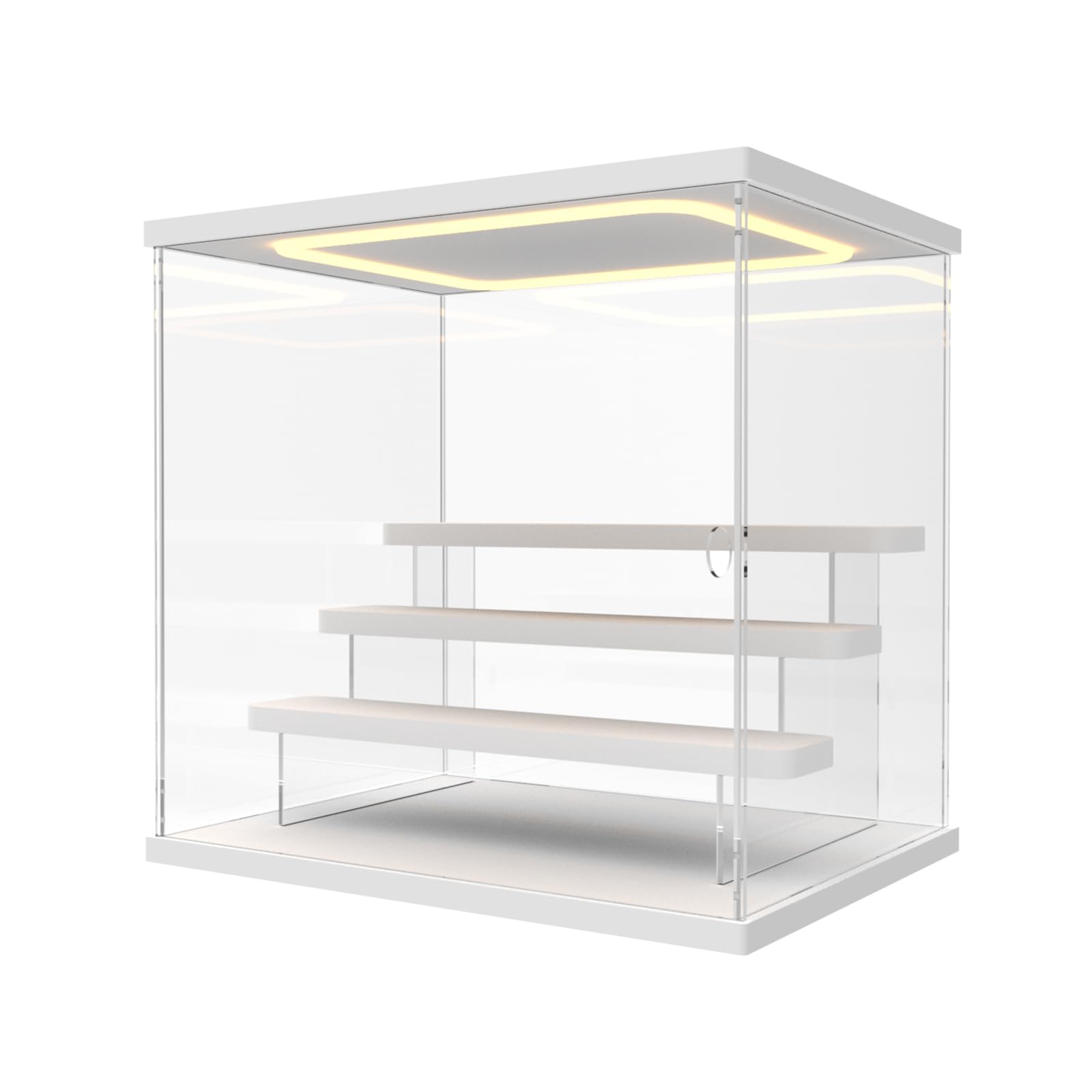 Vetrina Acrilica con Luce LED, 4 Livelli Scatola Vetrina Espositiva per Collezionismo con Porta e Gradini, Antipolvere Teca Plexiglass per Funko Pop, Figure, Modellini, Bianco
