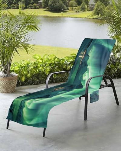 Mountains Beach Chair Towel Covers for Chaise Lounge With Side Pocket, Soft Plush Pool Towels Cover for Patio Sunbathing Outdoor Ombre Green Ice Cabin Lodge Summer Winter Ocean 29''x85''