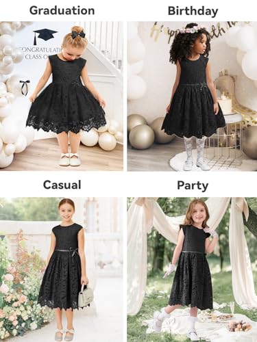 ALLOVIN Girls & Toddlers Sleeveless A-Line Lace Party Dress Birthday Wedding & Flower Girl Dress with Beaded Bowknot | Black | 11-12Y — view 6