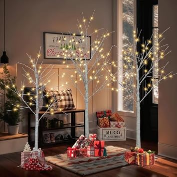 Set of 3 Lighted Birch Tree 4FT 5FT and 6FT LED Artificial Tree for Decoration Inside and Outside, Home Patio Wedding Festival Christmas Decor, Warm White
